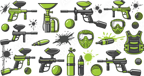 Paintball Game Gear and Splatter Vector Icons