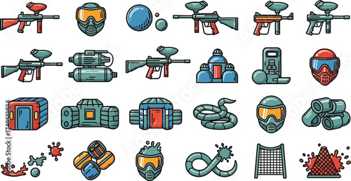 A set of colorful line art icons representing paintball game equipment and gear. Vector illustrations for extreme sports including markers, masks, and inflatable bunkers