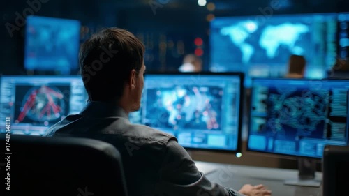 A Focused Operator Analyzes Complex Data Visualizations on Multiple Screens in a High-Tech Control Room Environment, Highlighting the Importance of Real-Time Information Gathering