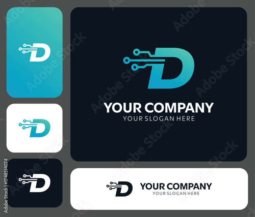 Tech startup logo design featuring a modern letter D with circuit elements, perfect for branding or a digital business, multiple color variations