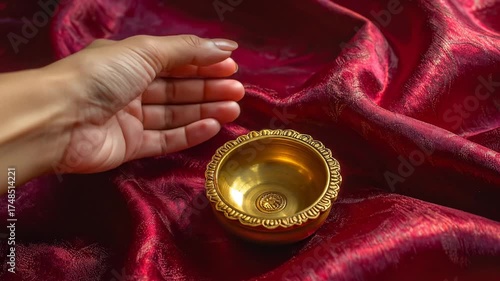 A gentle hand presenting an ornate golden bowl on red silk fabric.
