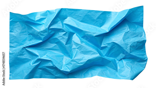 Vibrant cyan blue crumpled paper sheet with irregular folds creating dynamic textured rectangular composition shape, isolated on a transparent background