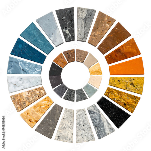 Stone samples arranged in a circular pattern to display a wide range of colors and textures