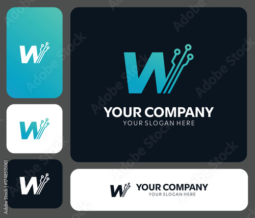 Modern letter W logo design with sleek circuit board details, perfect for technology startup branding or innovative digital business ventures