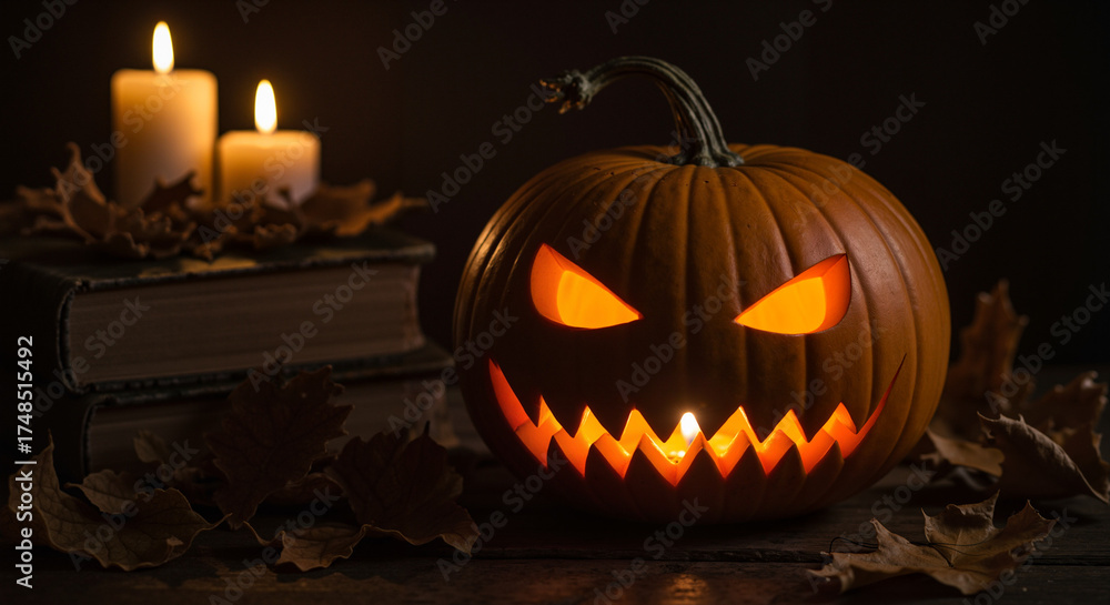 Obraz premium Scary Halloween pumpkin with glowing eyes and jagged teeth on books 