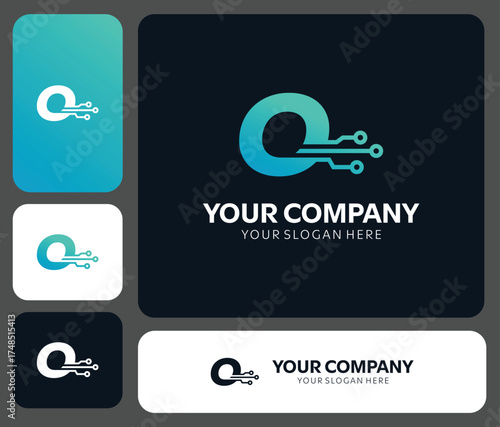 Modern technology company logo design with letter Q and circuit elements for innovative brand identity and digital business success, vibrant blue gradient