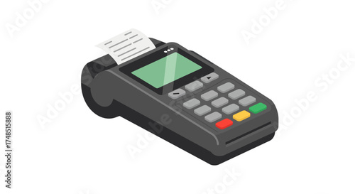 Isometric point of sale terminal with a receipt coming out of it.