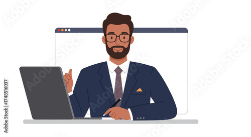 Man in suit on video call with laptop, gesturing with hand, in front of a blank screen.