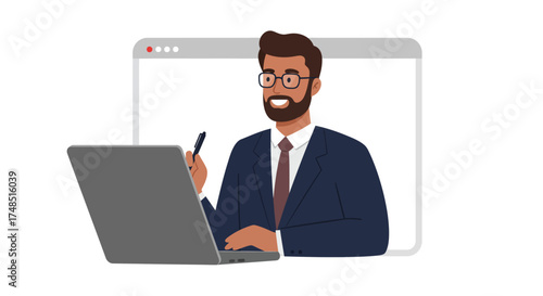 Man in video conference with laptop, wearing suit and tie.