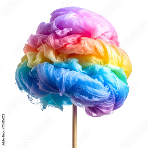 Colorful confection, resembling rainbow cotton candy, perched on a wooden stick against black
