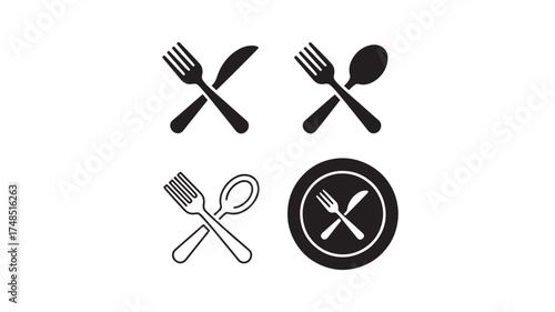 Set of crossed cutlery icons fork spoon and knife vector symbols for restaurant and food service design