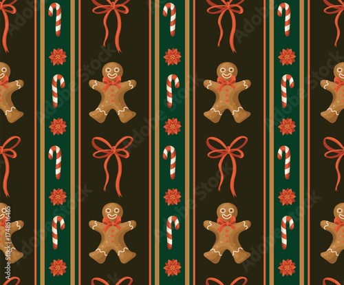 Christmas gingerbread man bow cookie star stocking bell poinsettia candy cane vector isolated pattern