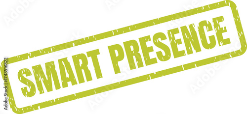 A distressed lime green rectangular stamp with SMART PRESENCE text appears on a clean white background