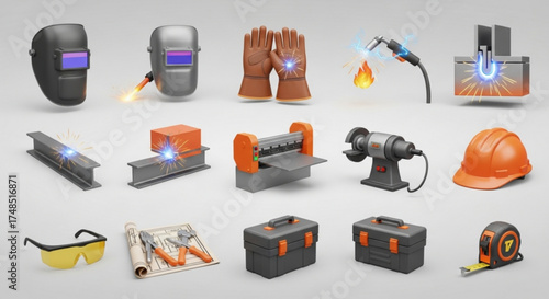 Collection of welding and metalworking equipment, including mask, gloves, tools, and safety gear