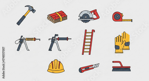 Illustration of construction tools for building and repair, including hammer, tiles, saw, tape measure, caulking gun, ladder, gloves