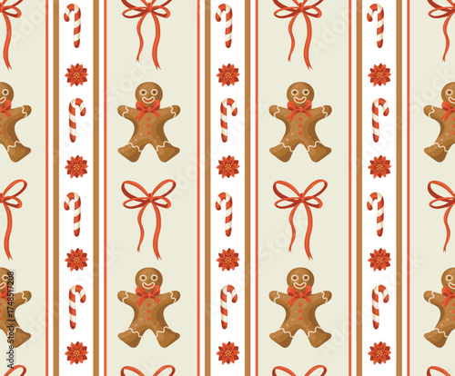 Christmas gingerbread man bow cookie star stocking bell poinsettia candy cane vector isolated pattern