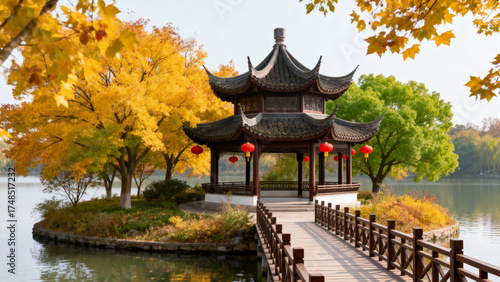 Chinese pavilion in autumn park
