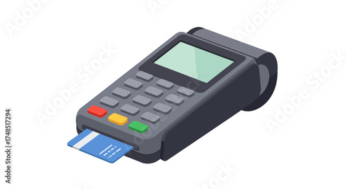 Isometric POS terminal with credit card inserted for payment.
