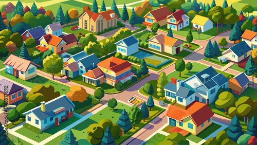 Very beautiful aerial view of a suburban neighborhood dense with trees, manicured lawns, and houses, vector-style design emphasizing order and community harmony.