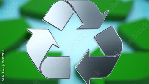 Wallpaper Mural Silver Recycling Symbol on Light Blue Surface with Blurred Green Shapes in the Background Macro Shot Torontodigital.ca