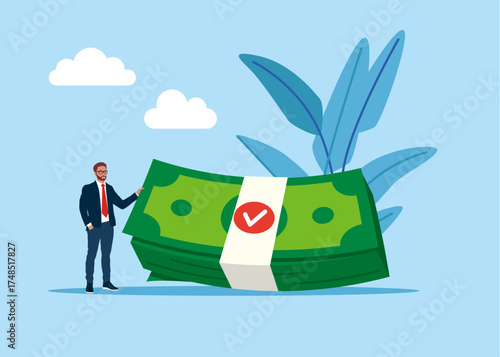 Money stack with a check. Thinking about money decision, financial planning or investment strategy, profit and loss, expense or tax. Vector illustration