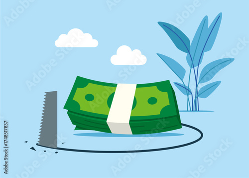 Money budget theft and mistake cost steal money stack with a check. Fraud and failure business. Crisis dollar poor and loan away trap. Finance risk problem. Vector flat illustration.