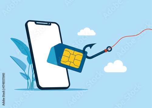 Mobile sim card on fishing hook. Theft. Steal mobile sim card. Fraud. Microcircuit. Vector flat illustration