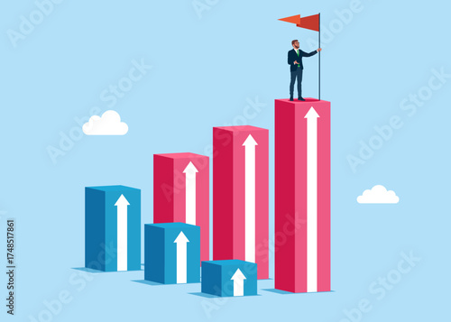 Businessman with flag on top of blocks with rise up arrows. Business growth process, profit, investment, economic. Move forward motivation, the path to the target's achievement. Vector illustration