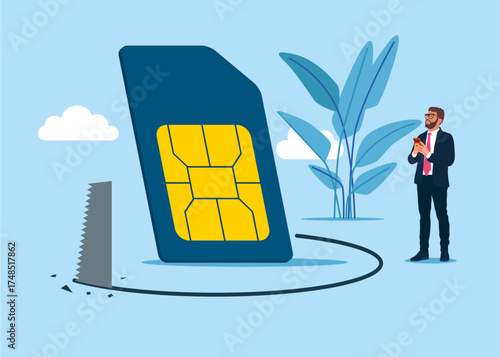 Steal mobile sim card. Fraud. Thief sawing the floor to make to steal sim card. Microcircuit. Vector flat illustration.