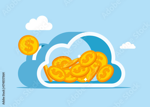 Investing money in cloud storage. Server room in the shape of a cloud. Data in a database on cloud storage. Vector flat illustration