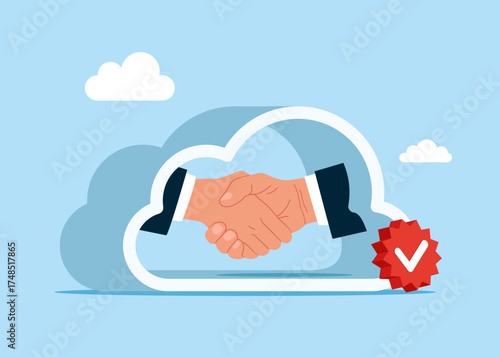Shaking hands in cloud storage under. Business merger and acquisition. Data in a database on cloud storage. Concept of data security technology. Vector flat illustration
