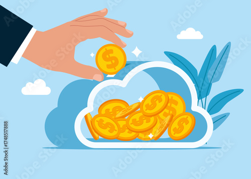 Worker investing money in cloud storage. Server room in the shape of a cloud. Data in a database on cloud storage. Vector flat illustration