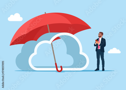 Cloud storage under an umbrella. Server room in the shape of a cloud. Data in a database on cloud storage. Concept of data security technology. Storage and indexing of information. Vector illustration