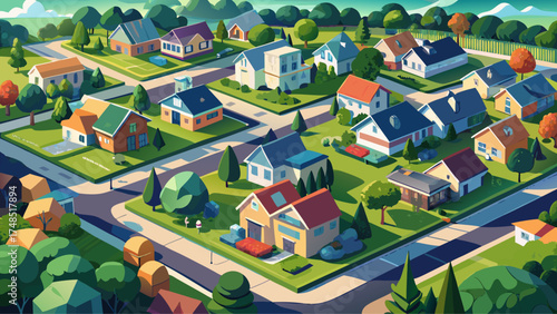 Very beautiful aerial view of a suburban neighborhood dense with trees, manicured lawns, and houses, vector-style design emphasizing order and community harmony.