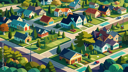 Very beautiful aerial view of a suburban neighborhood dense with trees, manicured lawns, and houses, vector-style design emphasizing order and community harmony.
