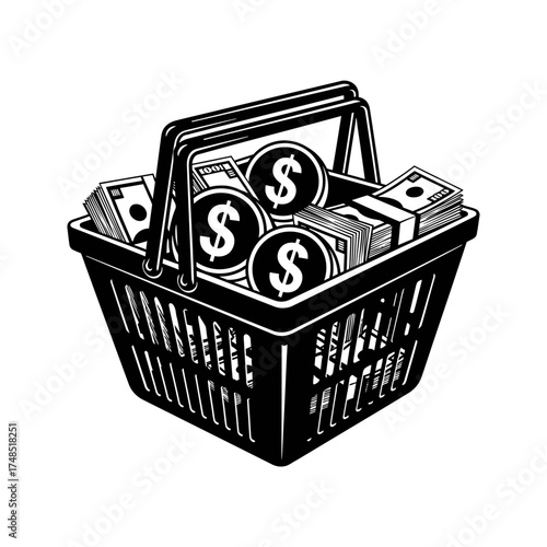 Shopping basket overflowing with cash and coins financial wealth and abundance concept vector