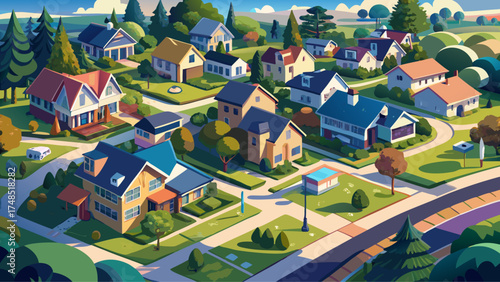 Very beautiful aerial view of a suburban neighborhood dense with trees, manicured lawns, and houses, vector-style design emphasizing order and community harmony.