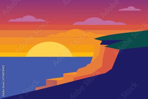 Vibrant sunset over the ocean with a cliffside view