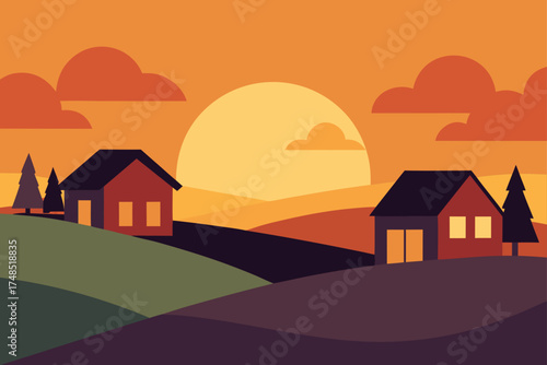 Minimalist landscape with houses and sunset