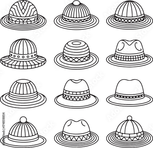 hat, fashion, accessory, icon, set, outline, headwear, collection, style, vintage, retro, modern, elegant, classic, simple, minimalist, design, pattern