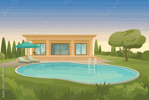 Luxury Villa with a Swimming Pool in a Summer Garden Landscape