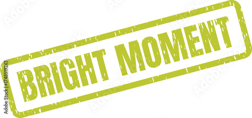 A striking green rubber stamp impression with a grunge appearance prominently features the words BRIGHT MOMENT