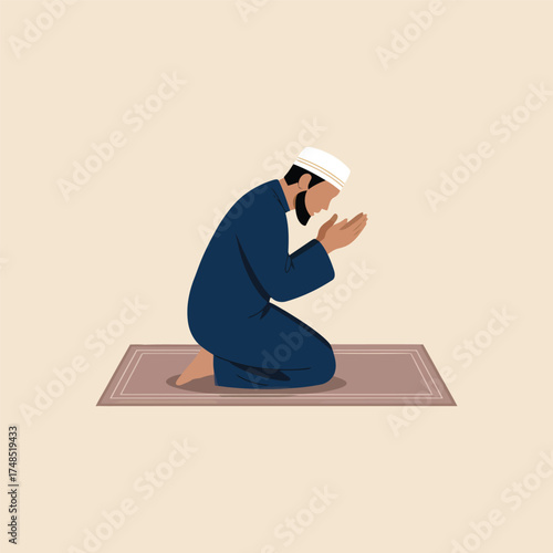 Illustration of a Muslim Man Praying on a Mat During Salah