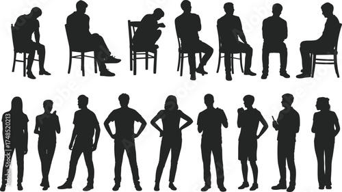 Silhouette people sitting and standing, body language poses, gesture study, black vector figures, character posture reference, flat vector illustration