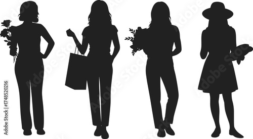 Silhouette people holding flowers, groceries, shopping bags, everyday activity poses, black vector figures, lifestyle concept, flat vector illustration