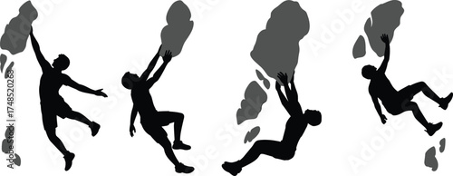 Silhouettes of rock climbers scaling boulders in dynamic poses, showcasing strength, adventure, challenge, movement, sport, flat vector illustration