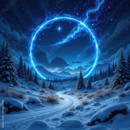 Electric gateway over winter landscape, luminous circle in a starry Night near snowy Mountains