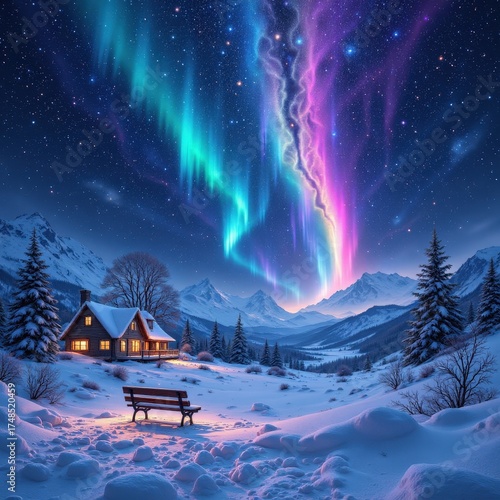 Cabin glows beneath the vibrant aurora borealis illuminating a snowy winter night in the Mountains