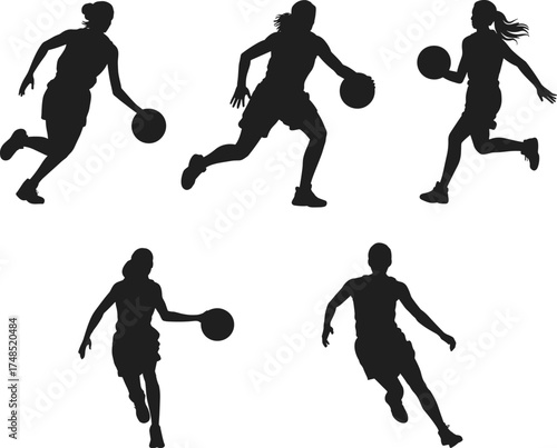 Basketball player silhouette action poses, dribbling motion figures, athletic sports movement, dynamic body gesture, competitive energy, flat vector illustration