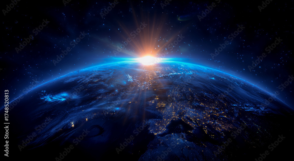 Fototapeta premium A blue, glowing earth with the sun rising on it, against a dark background.